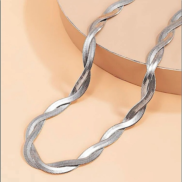 Twisted Braided Sterling Silver Herringbone Flat Snake Choker Necklace - Picture 8 of 10